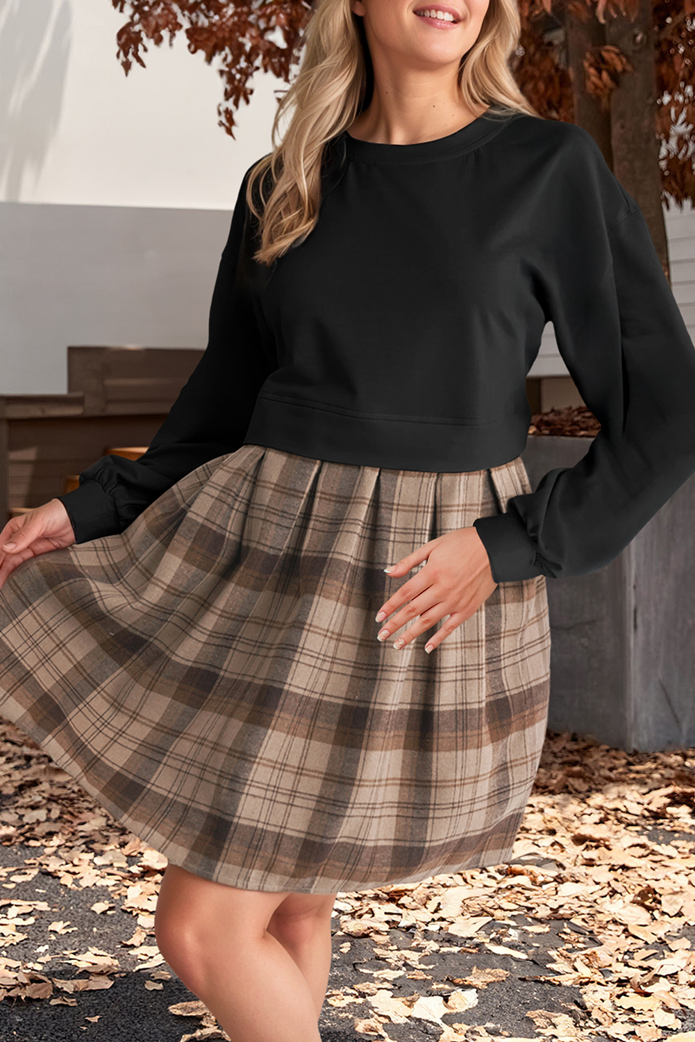 Plaid Patchwork High Waist Sweatshirt Mini Dress (S-Xl)