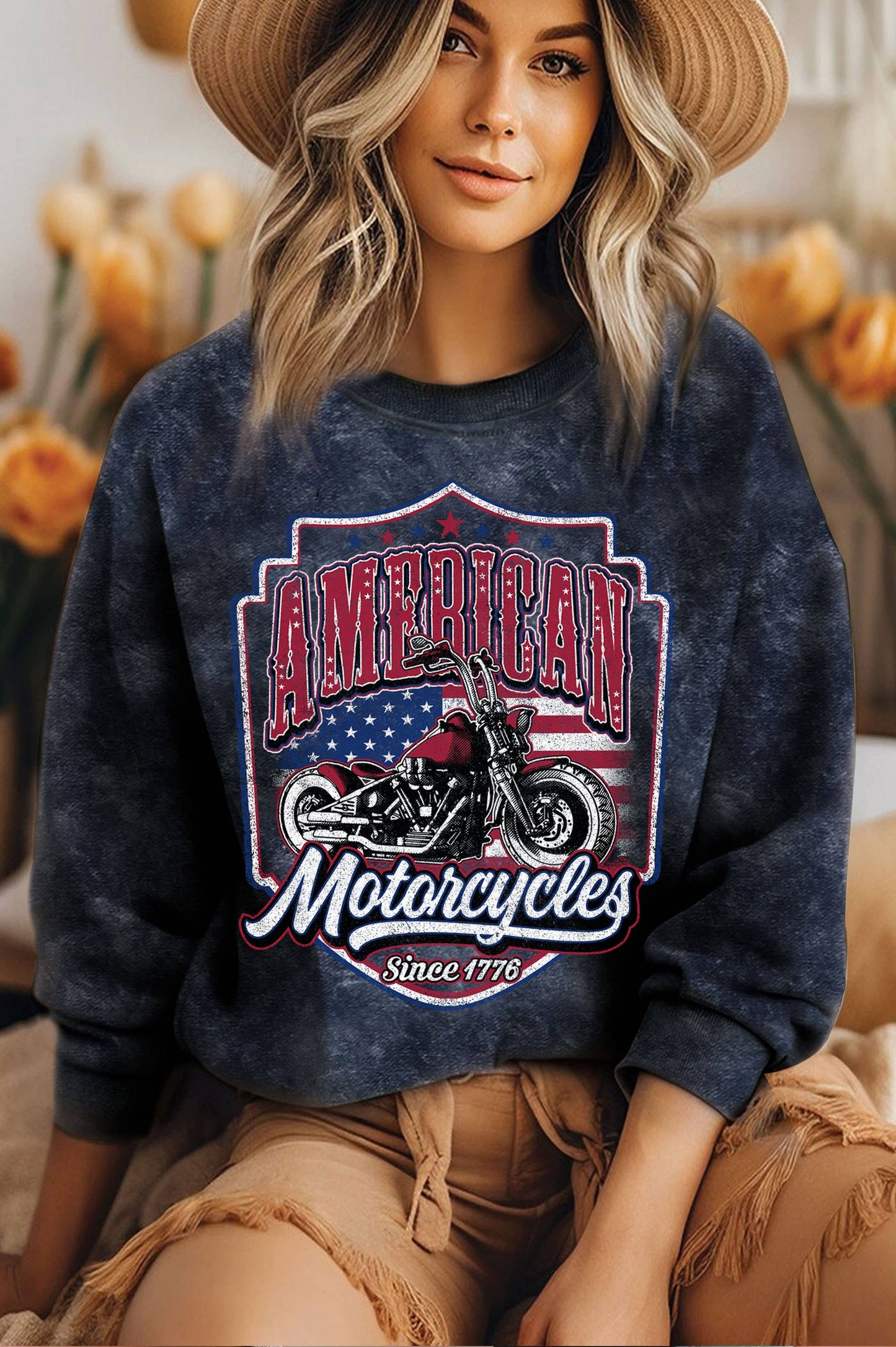 Motorcycle America Flag Graphic Mineral Brushed Sweatshirt
