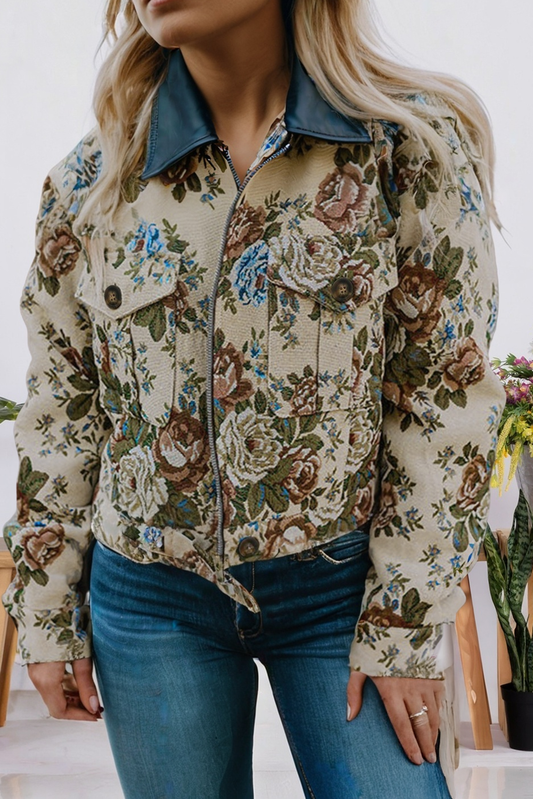 Fall Floral Print Zip Up Contrast Collared Jacket (S-Xl)