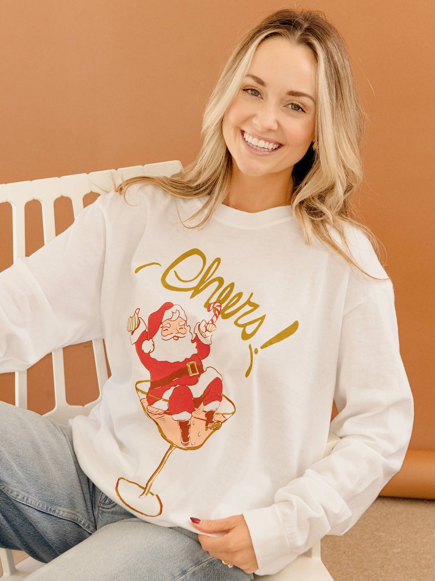 Christmas Cheers Santa Martini White Ls Cc Tee