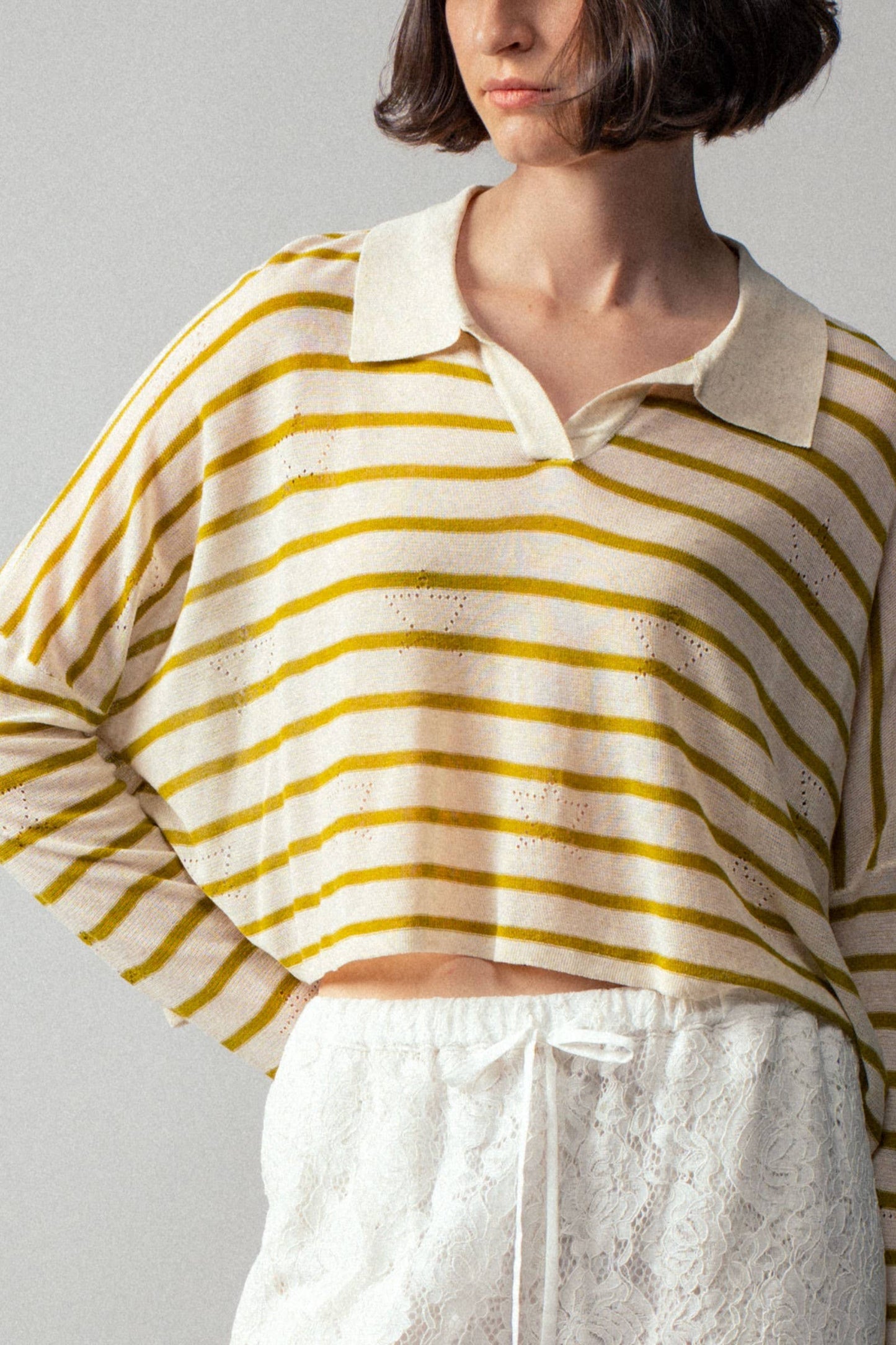 Striped Eyelet Embroidered Cropped Polo
