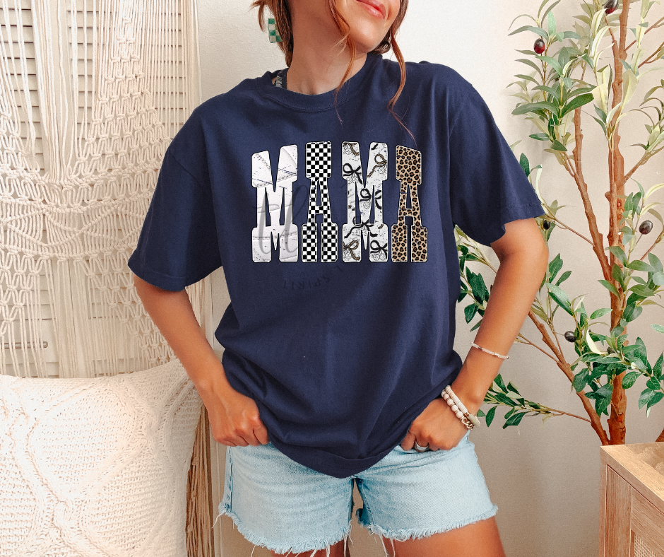 Mama Checkered Bow Leopard T-Shirt