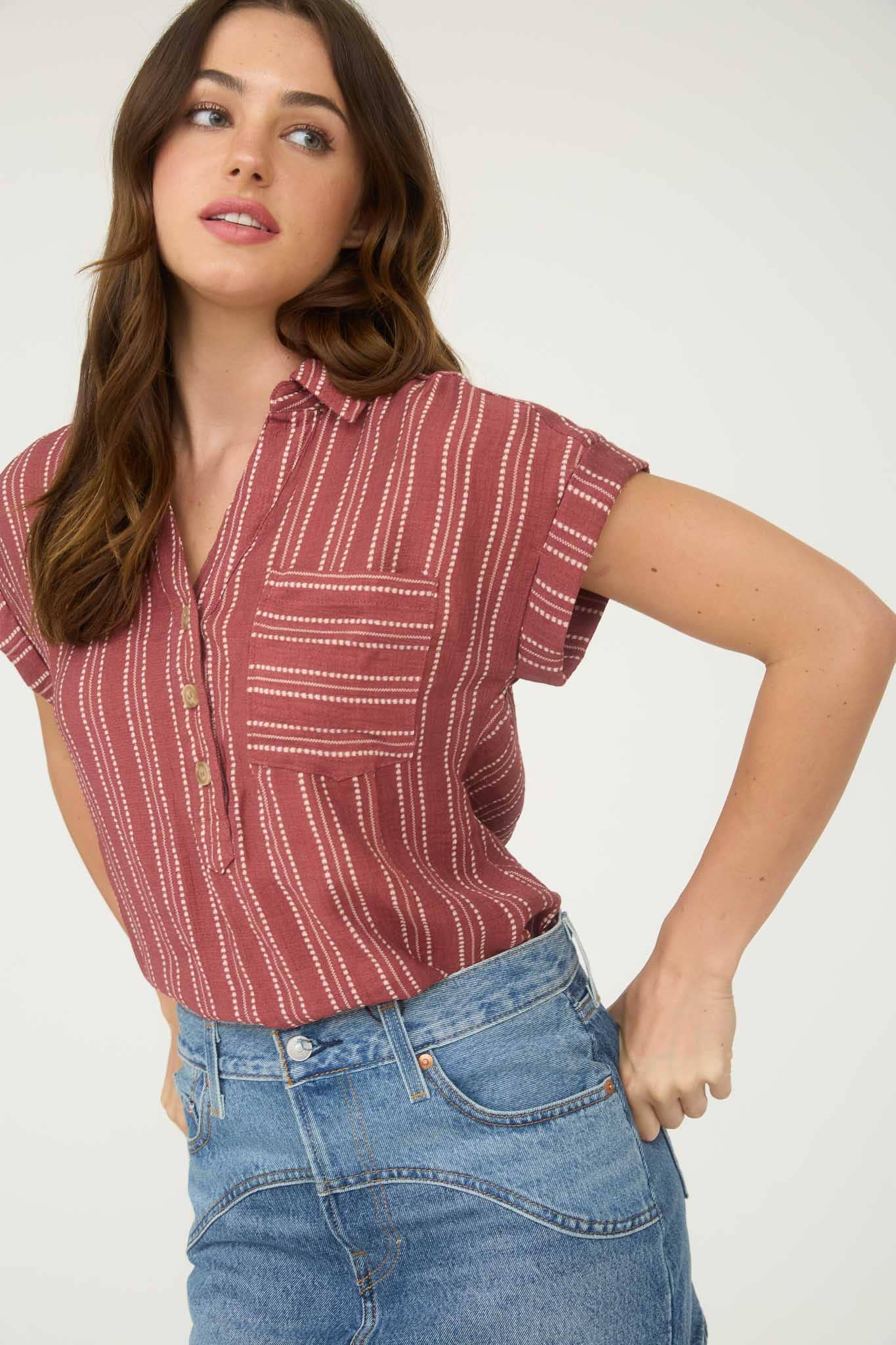 Stripe Half Button Collared Short Sleeve Shirt