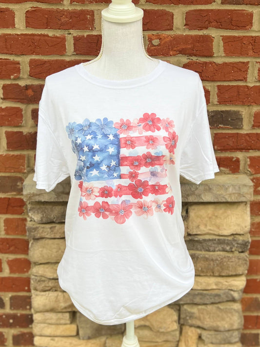 USA Floral Flag On White Tee