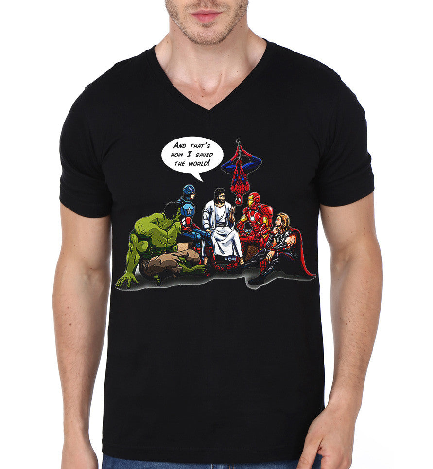 Jesus And The Avengers That’s How I Saved The World Black V-Neck T-Shirt